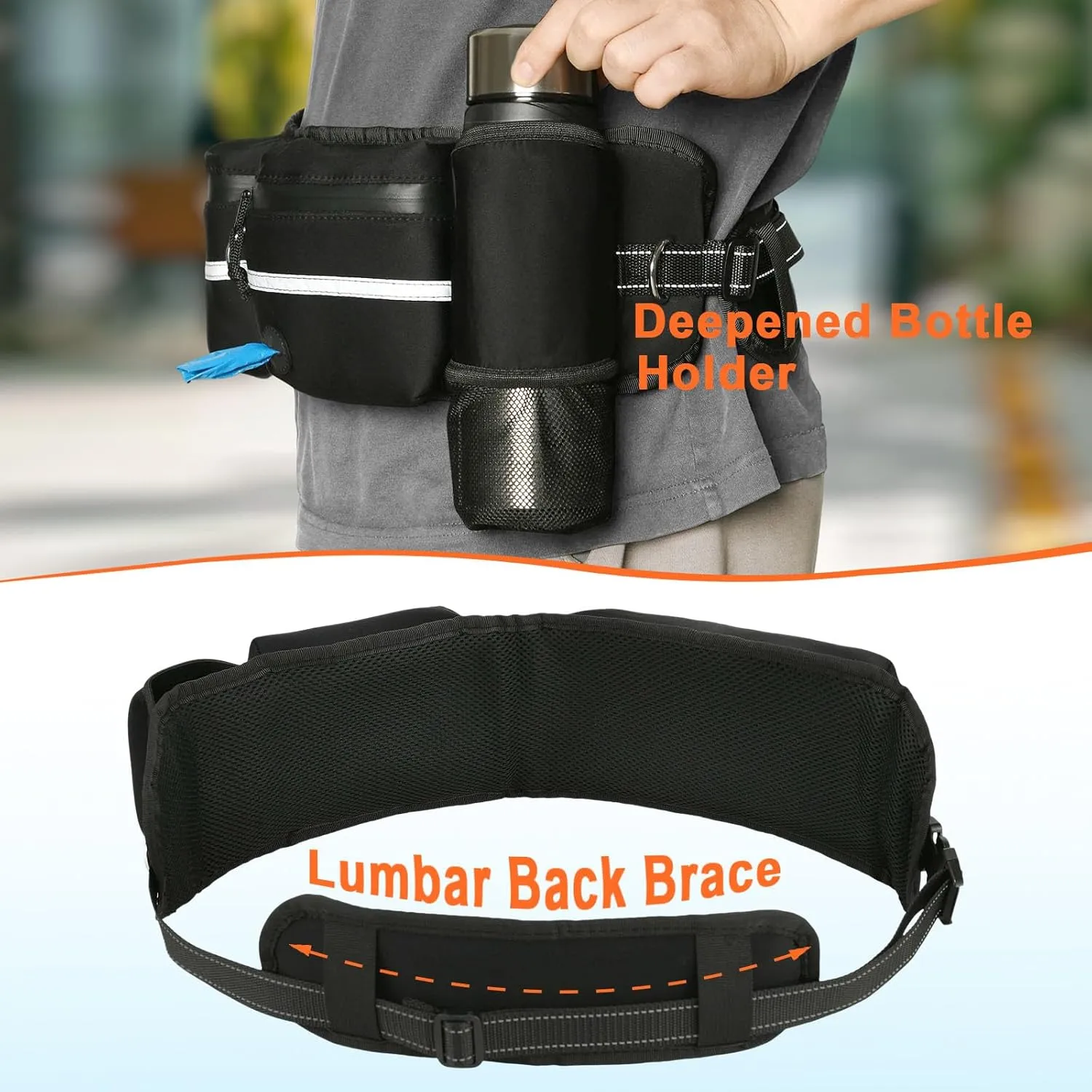 Hands Free Dog Leash, Waist Leash for Dog Walking with Zipper Pouch, Bungee Running Leash for Dogs, Adjustable Waist Fanny Pack from 25"-55", Reflective Waist Dog Leash - Premium Black