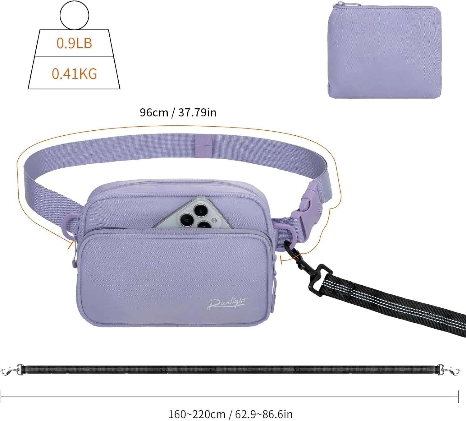Hands Free Dog Retractable Hands Free Dog Leash, Waist Running Leash with Zipper,Reflective Bungee Design for Small & Medium Dogs (Purple)