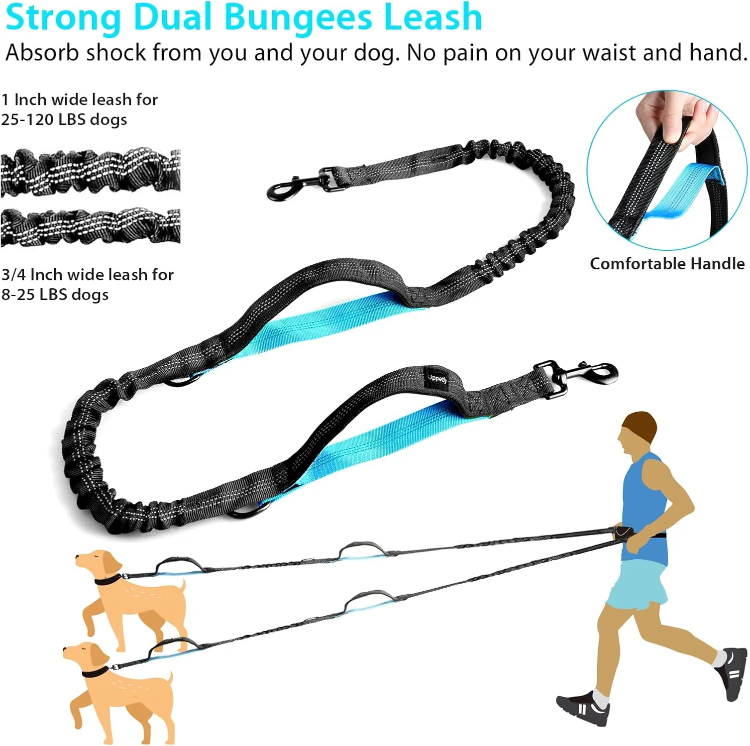 Hands Free Dog Running Leash with Adjustable Waist Belt, Dual Handle Elastic Bungees Retractable Rope for Small and Medium Dogs, Reflective Stitches for Walking Hiking Biking (Medium, 8-25lb)