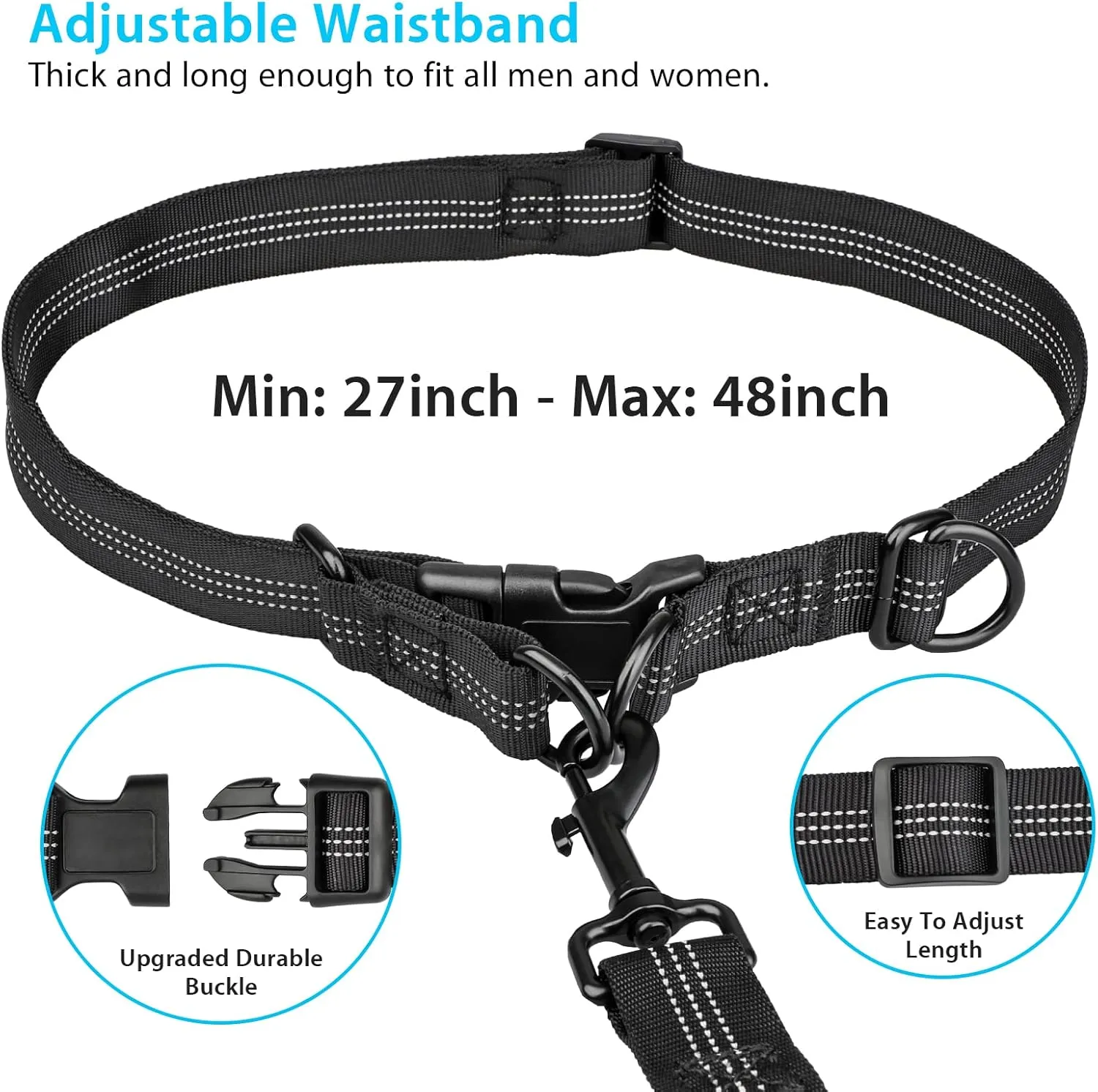Hands Free Dog Running Leash with Adjustable Waist Belt, Dual Handle Elastic Bungees Retractable Rope for Small and Medium Dogs, Reflective Stitches for Walking Hiking Biking (Medium, 8-25lb)