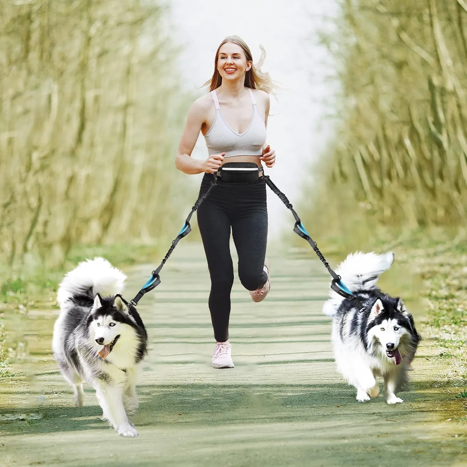 Hands Free Dog Running Leash with Adjustable Waist Belt, Dual Handle Elastic Bungees Retractable Rope for Small and Medium Dogs, Reflective Stitches for Walking Hiking Biking (Medium, 8-25lb)