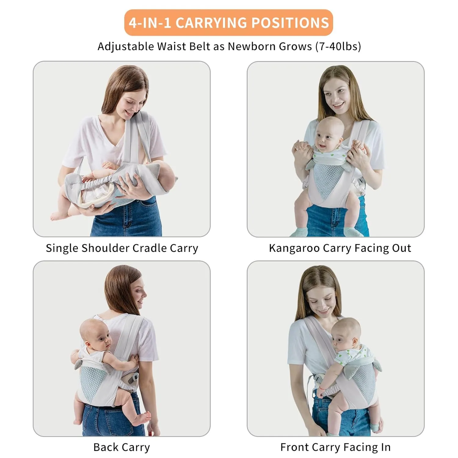 Handsfree Baby Carrier, Baby Essentials Baby Wraps Lightweight Baby Sling Carriers Travel Gear Cozy Infant Holder Adjustable Breathable Mesh Toddler Carrier Newborn to Toddler 7-40 lbs (Grey)
