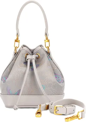 HangErFeng Gray Drawstring Crossbody Bag Silk Songjin Women Accessory Butterfly Pattern Handbag 110
