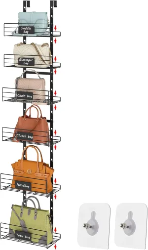 Hanging Purse Handbag Organizer Rack with Name Plate, Over The Door Detachable Bag Storage Rack - Can Use As 1/2 Part, Wall Mounted Adjustable Bag Rack with Stickers & Tapes