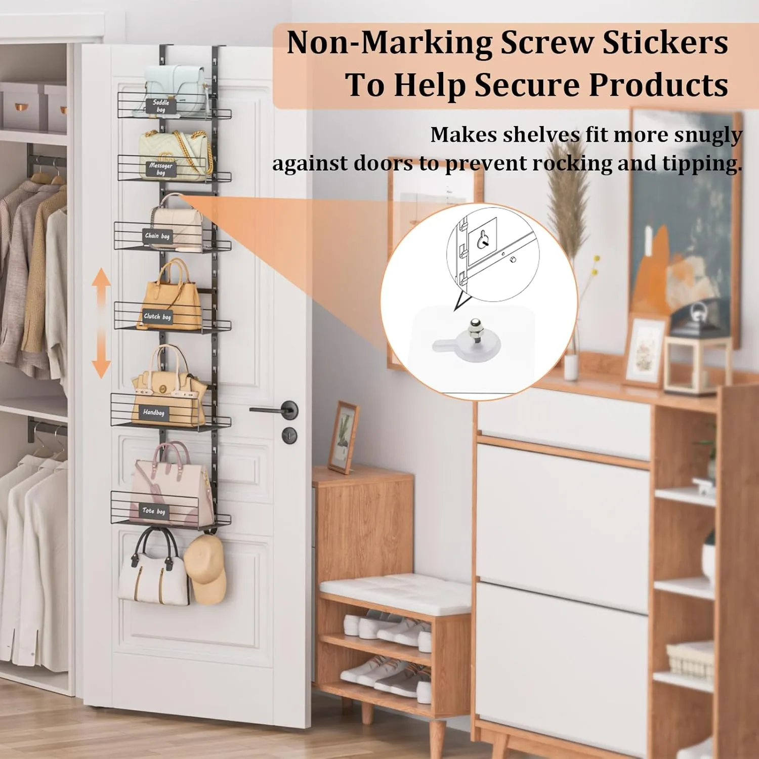 Hanging Purse Handbag Organizer Rack with Name Plate, Over The Door Detachable Bag Storage Rack - Can Use As 1/2 Part, Wall Mounted Adjustable Bag Rack with Stickers & Tapes