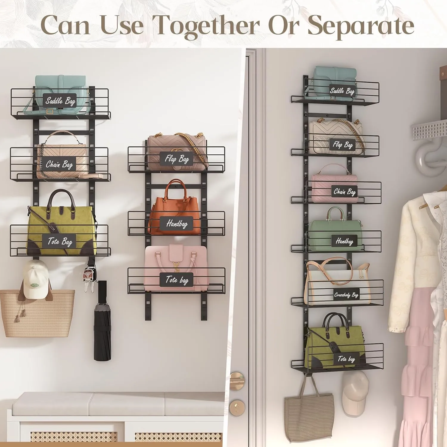 Hanging Purse Handbag Organizer Rack with Name Plate, Over The Door Detachable Bag Storage Rack - Can Use As 1/2 Part, Wall Mounted Adjustable Bag Rack with Stickers & Tapes