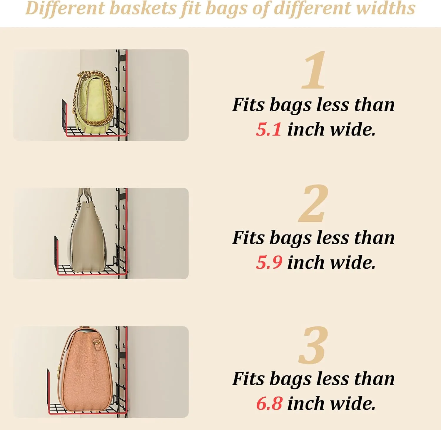 Hanging Purse Handbag Organizer Rack with Name Plate, Over The Door Detachable Bag Storage Rack - Can Use As 1/2 Part, Wall Mounted Adjustable Bag Rack with Stickers & Tapes