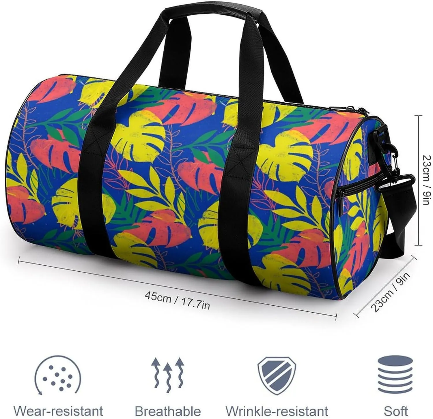 Hawaiian Tropical Floral Duffelbag Zipper Tote Bag Cylindrical Duffelbags Picnic Bags Gym Satchel Durable Handbag Convertible Duffle 17.7in/9in/9in