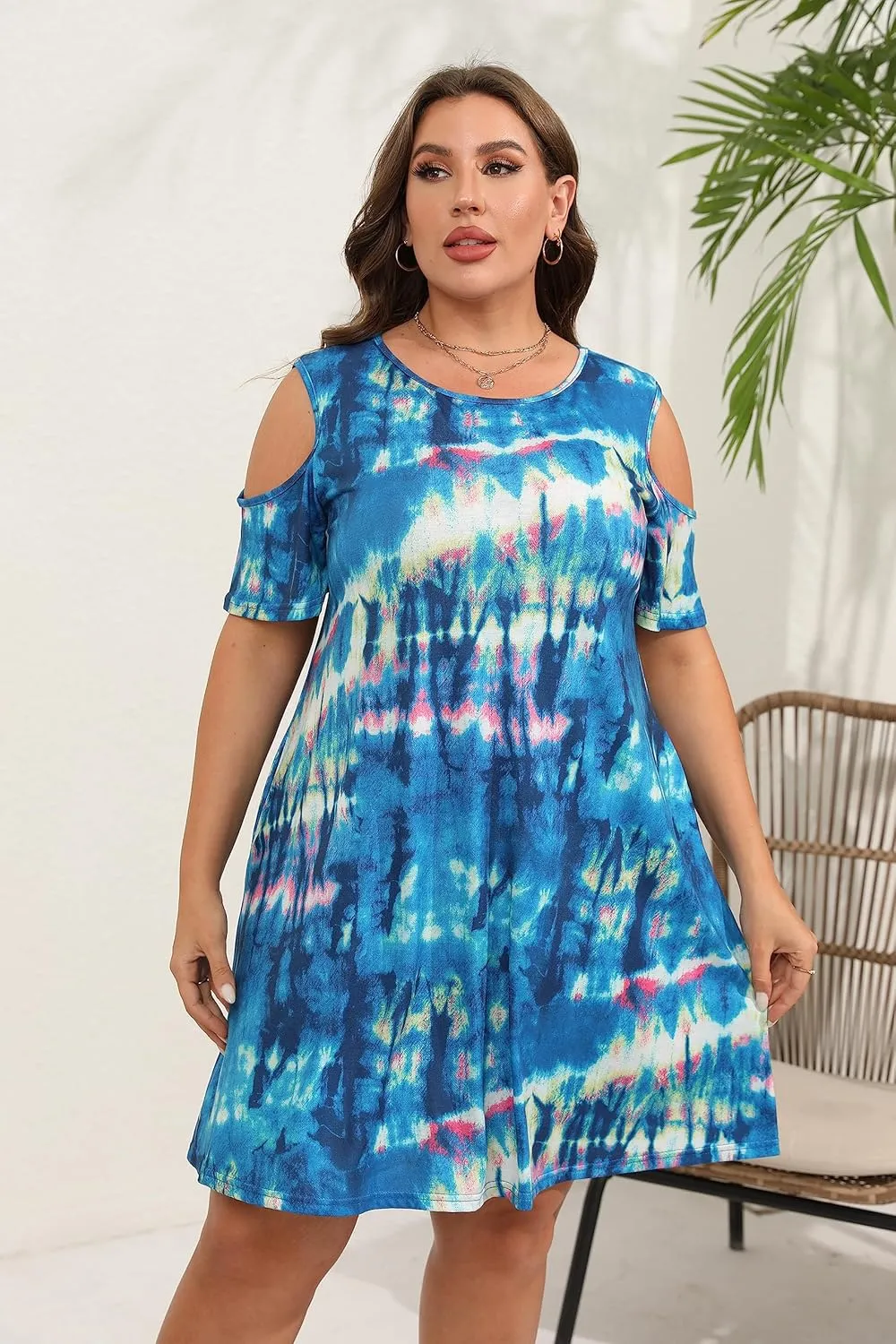 HBEYYTO Women Plus Size Dresses Cold Shoulder Short Sleeve Casual Loose T-Shirt Swing Dress with Pockets
