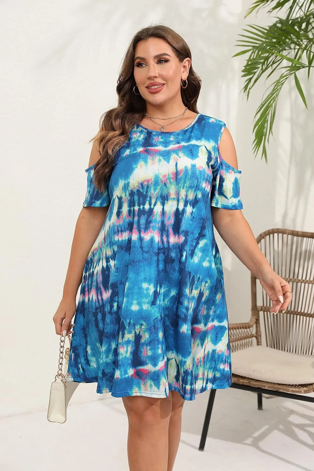 HBEYYTO Women Plus Size Dresses Cold Shoulder Short Sleeve Casual Loose T-Shirt Swing Dress with Pockets