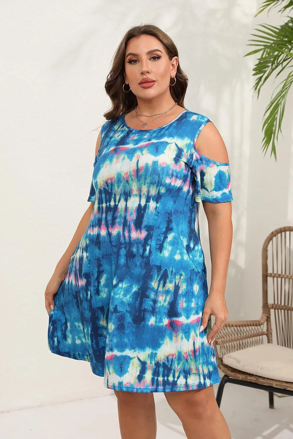 HBEYYTO Women Plus Size Dresses Cold Shoulder Short Sleeve Casual Loose T-Shirt Swing Dress with Pockets