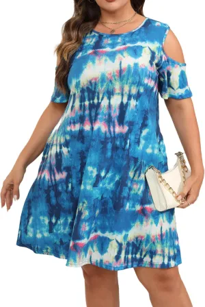 HBEYYTO Women Plus Size Dresses Cold Shoulder Short Sleeve Casual Loose T-Shirt Swing Dress with Pockets