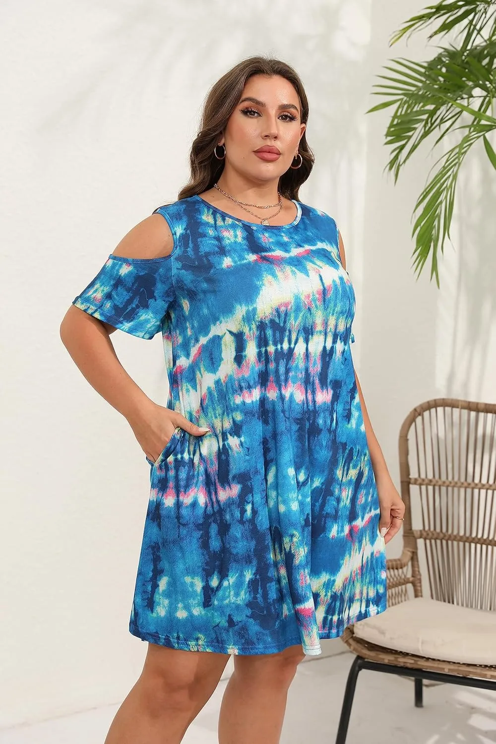 HBEYYTO Women Plus Size Dresses Cold Shoulder Short Sleeve Casual Loose T-Shirt Swing Dress with Pockets