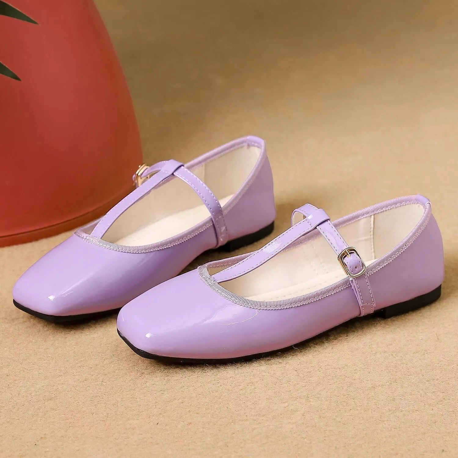 Hee grand Patent Leather Flats for Women Adjustable T-Strap Buckle Square Toe Mary Jane Shoes Comfortable Flats