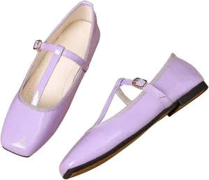 Hee grand Patent Leather Flats for Women Adjustable T-Strap Buckle Square Toe Mary Jane Shoes Comfortable Flats