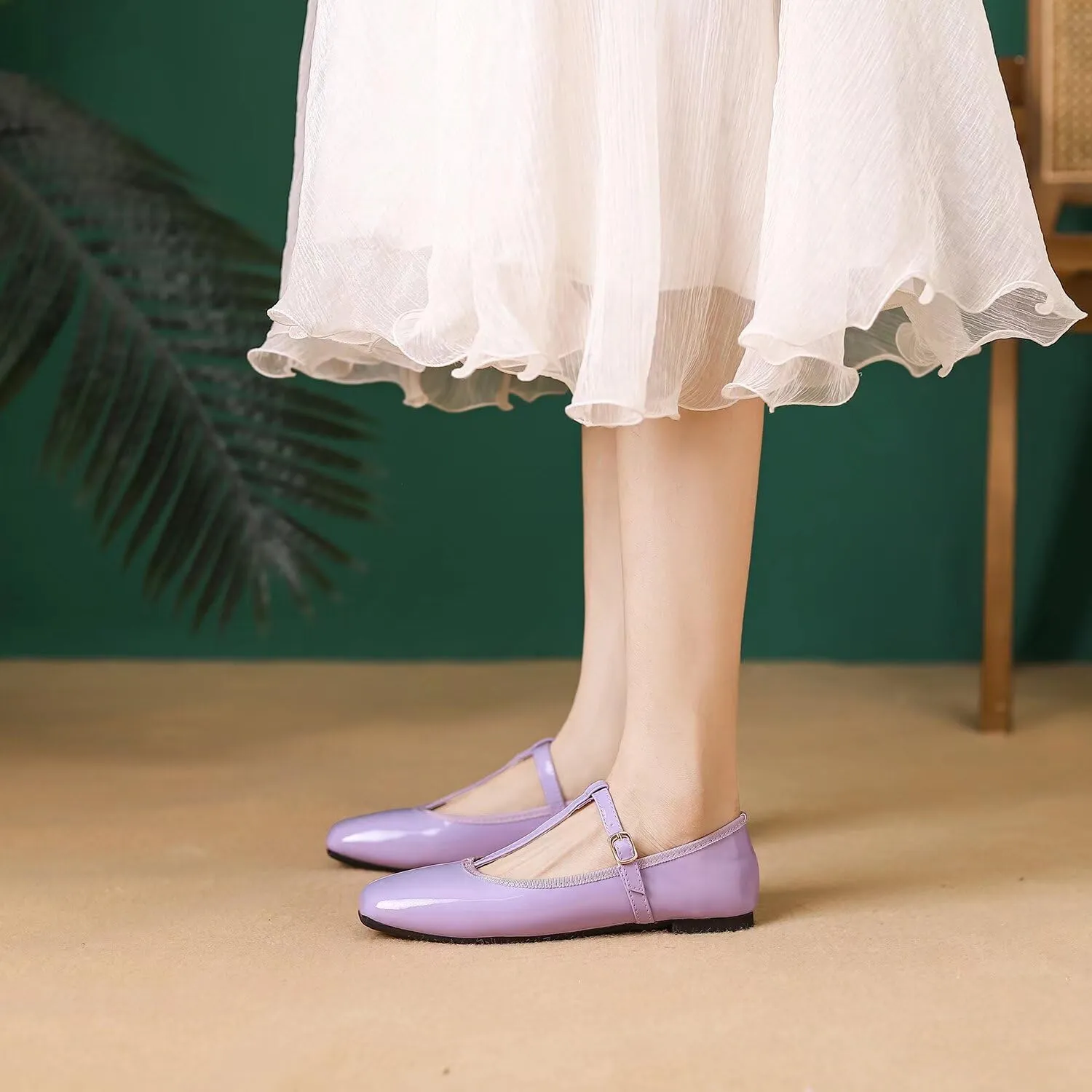 Hee grand Patent Leather Flats for Women Adjustable T-Strap Buckle Square Toe Mary Jane Shoes Comfortable Flats