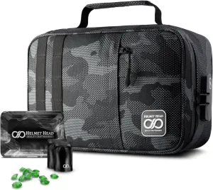 HELMET HEAD Smell Proof Bag and Smell Proof Stash Box with Combo Lock, Water Repellent XL Travel Bag for Your Mylar Bags and Smell Proof Containers. Includes 2 Baggies and Metal Tray (Jet Camo)