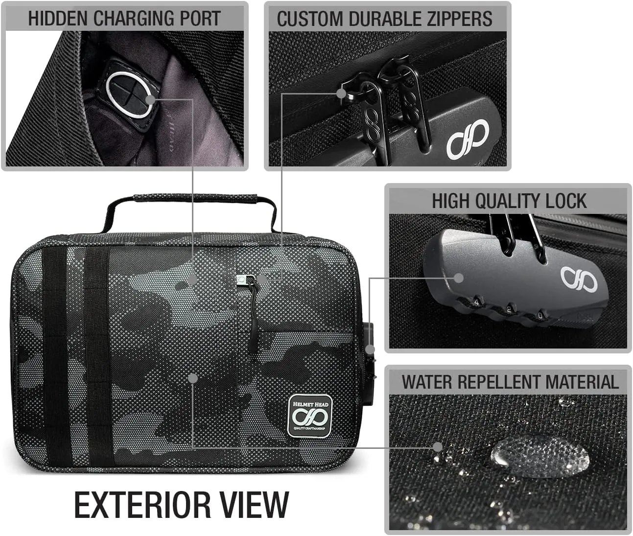 HELMET HEAD Smell Proof Bag and Smell Proof Stash Box with Combo Lock, Water Repellent XL Travel Bag for Your Mylar Bags and Smell Proof Containers. Includes 2 Baggies and Metal Tray (Jet Camo)