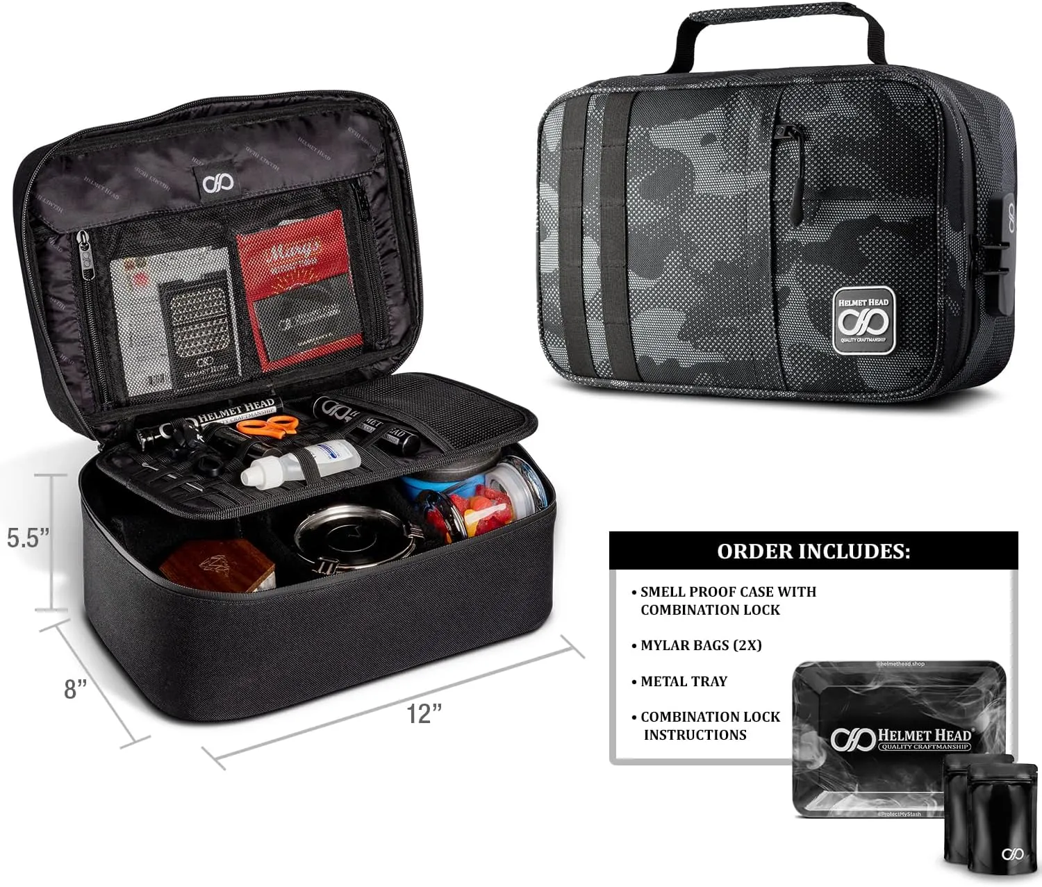 HELMET HEAD Smell Proof Bag and Smell Proof Stash Box with Combo Lock, Water Repellent XL Travel Bag for Your Mylar Bags and Smell Proof Containers. Includes 2 Baggies and Metal Tray (Jet Camo)