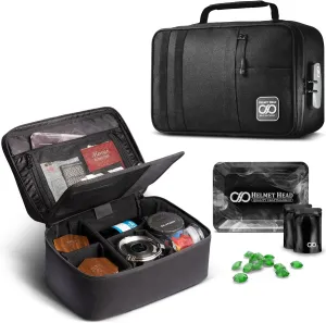 HELMET HEAD Smell Proof Bag and Stash Box XL Smell Proof Box with Combo Lock for Your Mylar Bags and Containers. Includes Grinder Card and Metal Tray (Black)