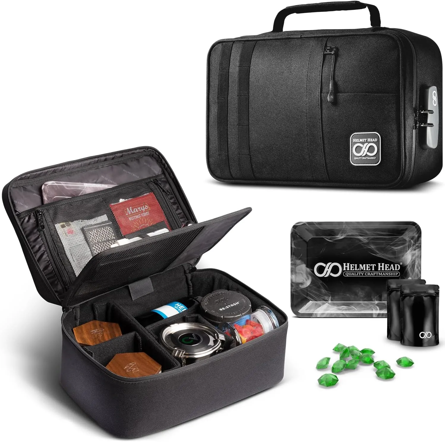 HELMET HEAD Smell Proof Bag and Stash Box XL Smell Proof Box with Combo Lock for Your Mylar Bags and Containers. Includes Grinder Card and Metal Tray (Black)