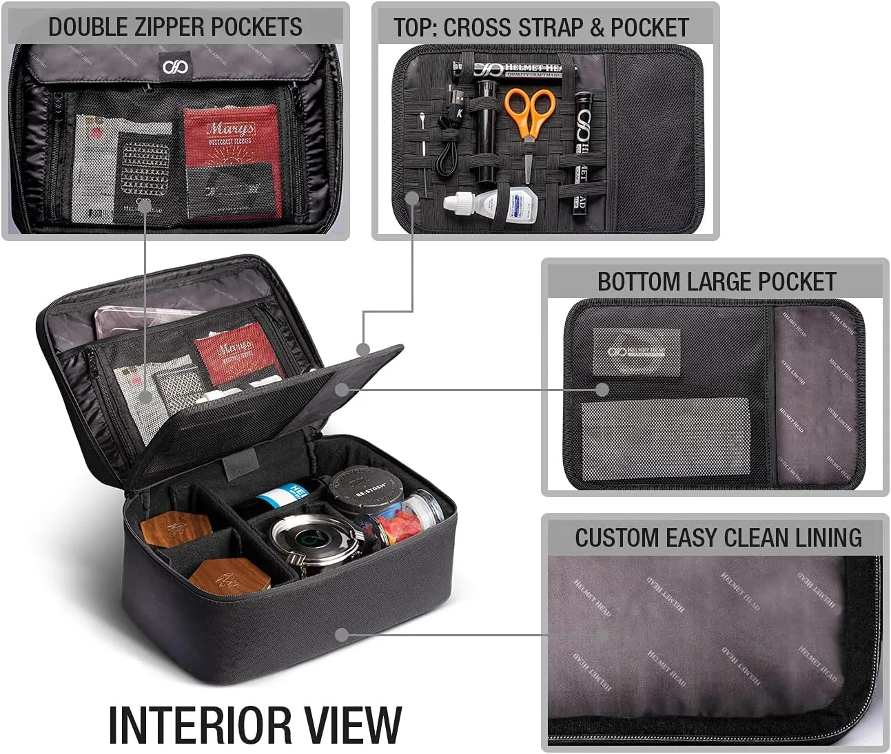 HELMET HEAD Smell Proof Bag and Stash Box XL Smell Proof Box with Combo Lock for Your Mylar Bags and Containers. Includes Grinder Card and Metal Tray (Black)