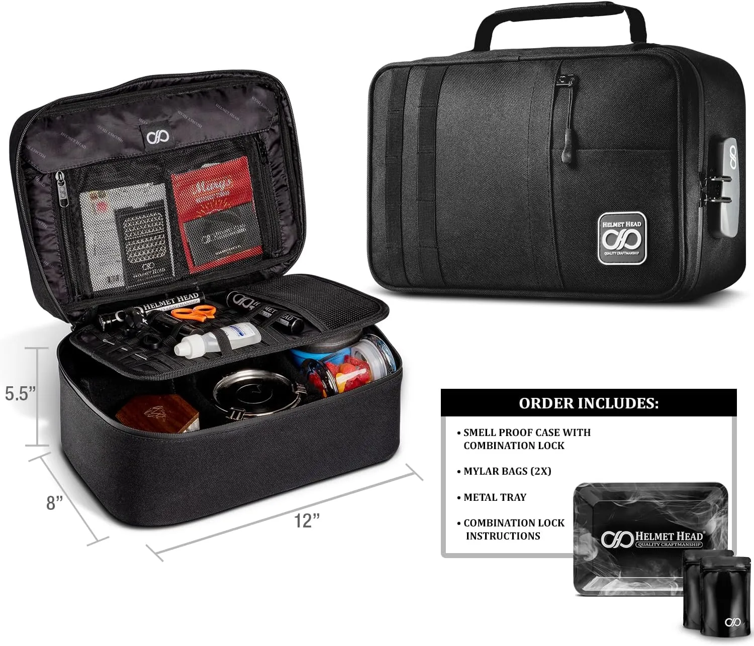 HELMET HEAD Smell Proof Bag and Stash Box XL Smell Proof Box with Combo Lock for Your Mylar Bags and Containers. Includes Grinder Card and Metal Tray (Black)