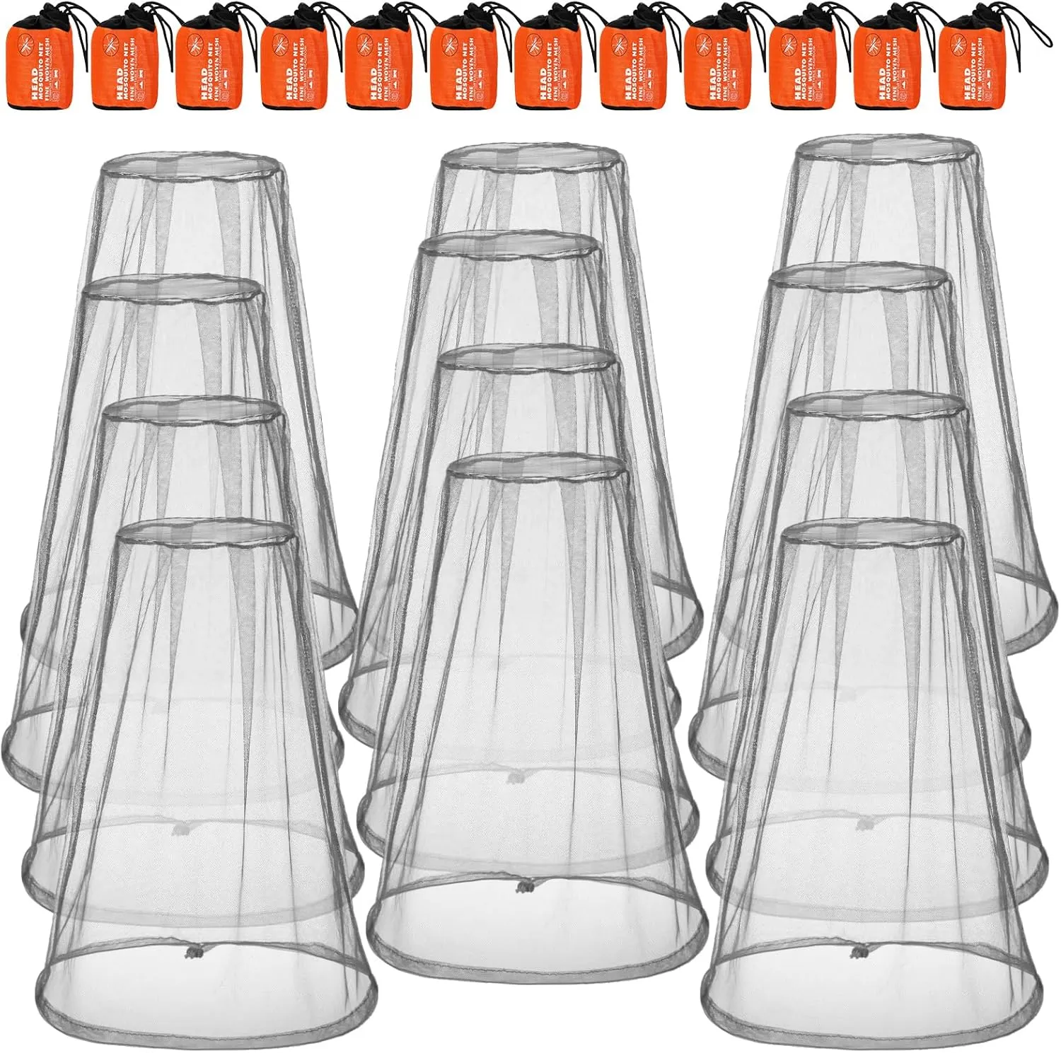 Hestya 12 Pcs Mosquito Head Face Net Mesh 18.11 x 18.11 Inch Fly Netting Hood Mosquito Net Hat with Carry Bags to Prevent No See Ums Gnats Biting Midges for Outdoor Hiking Camping Climbing, Gray
