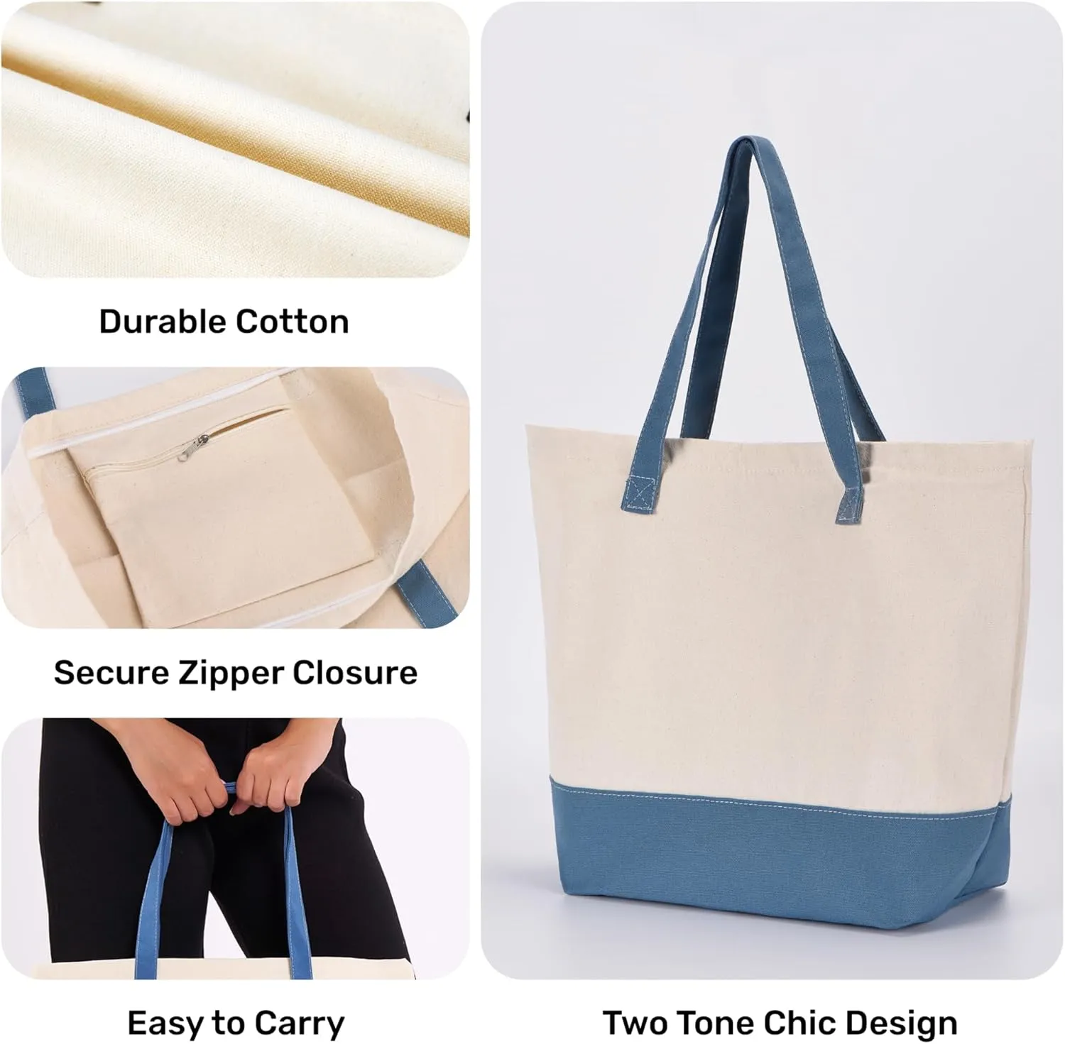 HIFA Canvas Tote and Makeup Bag Set for Women - Durable Cotton, Top Zipper Closure, Inner Pocket - Multipurpose Shoulder Bag