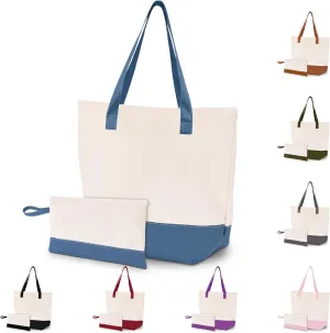 HIFA Canvas Tote and Makeup Bag Set for Women - Durable Cotton, Top Zipper Closure, Inner Pocket - Multipurpose Shoulder Bag