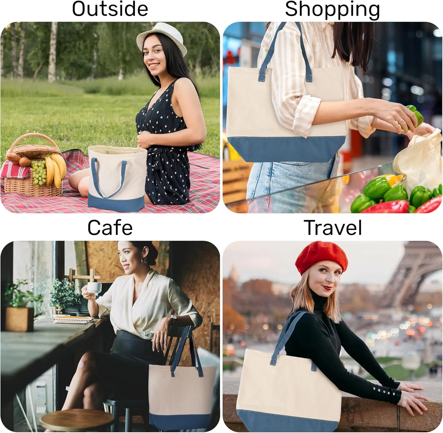 HIFA Canvas Tote and Makeup Bag Set for Women - Durable Cotton, Top Zipper Closure, Inner Pocket - Multipurpose Shoulder Bag