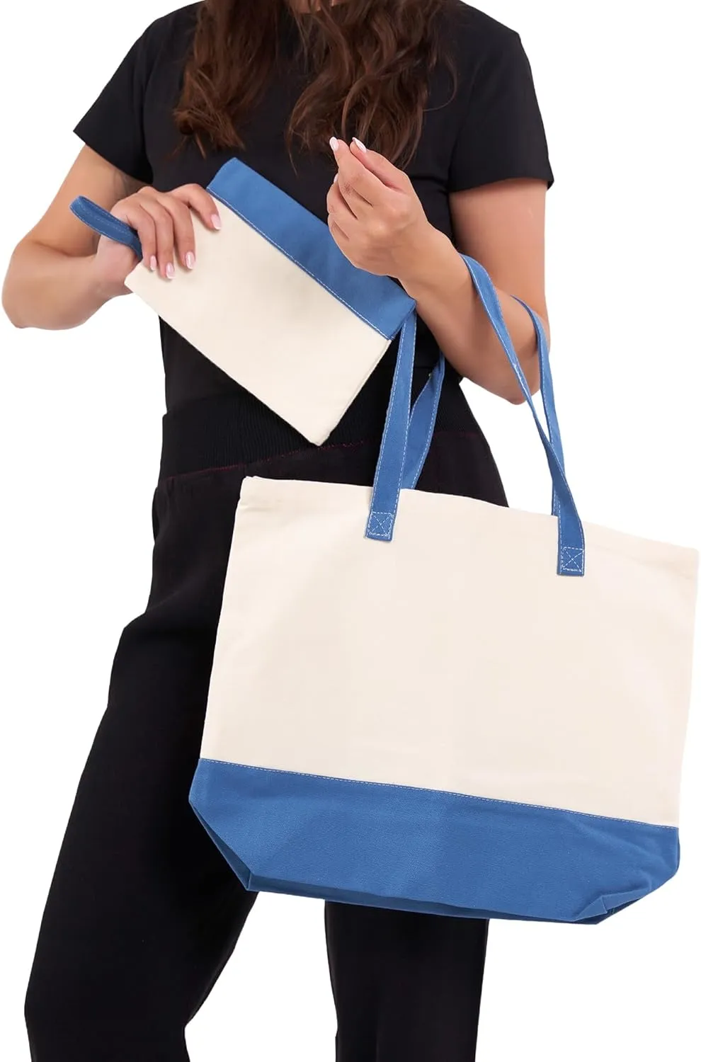 HIFA Canvas Tote and Makeup Bag Set for Women - Durable Cotton, Top Zipper Closure, Inner Pocket - Multipurpose Shoulder Bag