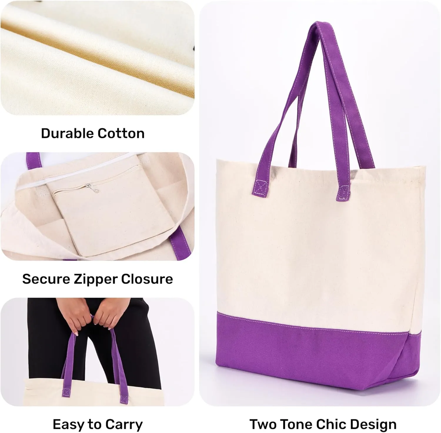 HIFA Personalized Custom Tote Bag for Women, Canvas Tote Bag - Zipper Closure, Extra Inner Pocket - Multipurpose Shoulder Bag