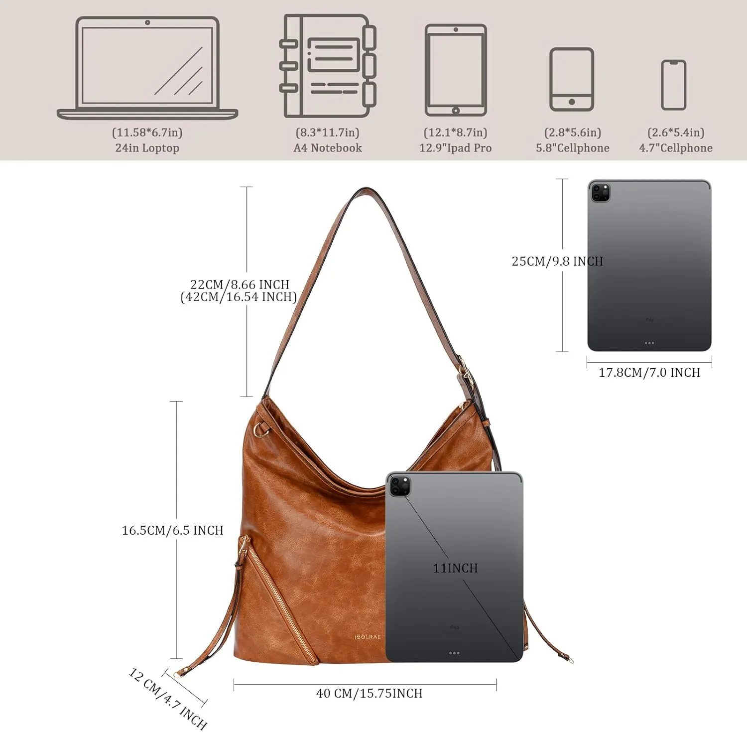 Hobo Bags for Women with Stylish Zipper Detailing Vegan Leather Large Trendy Shoulder Tote Purses Adjustment Strap
