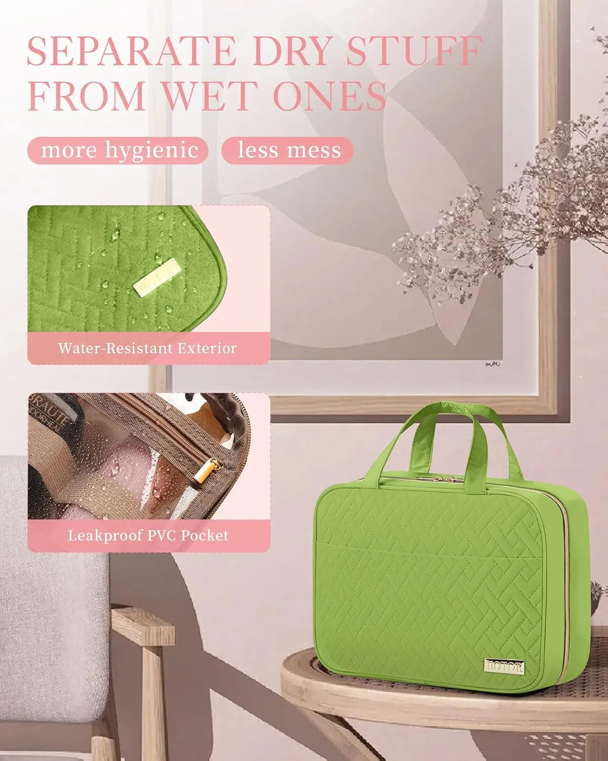 HOTOR Travel Toiletry Bag w/Hanging Hook - Spacious Toiletry Bag for Women & Men, Makeup Bag/Big Comparment, Waterproof for Travel Accessories Essentials, Medium, Avocado Green