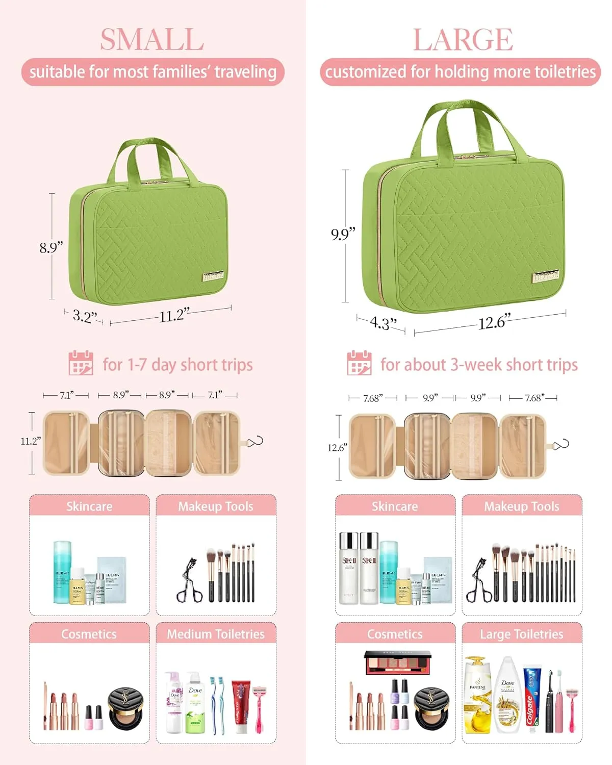 HOTOR Travel Toiletry Bag w/Hanging Hook - Spacious Toiletry Bag for Women & Men, Makeup Bag/Big Comparment, Waterproof for Travel Accessories Essentials, Medium, Avocado Green