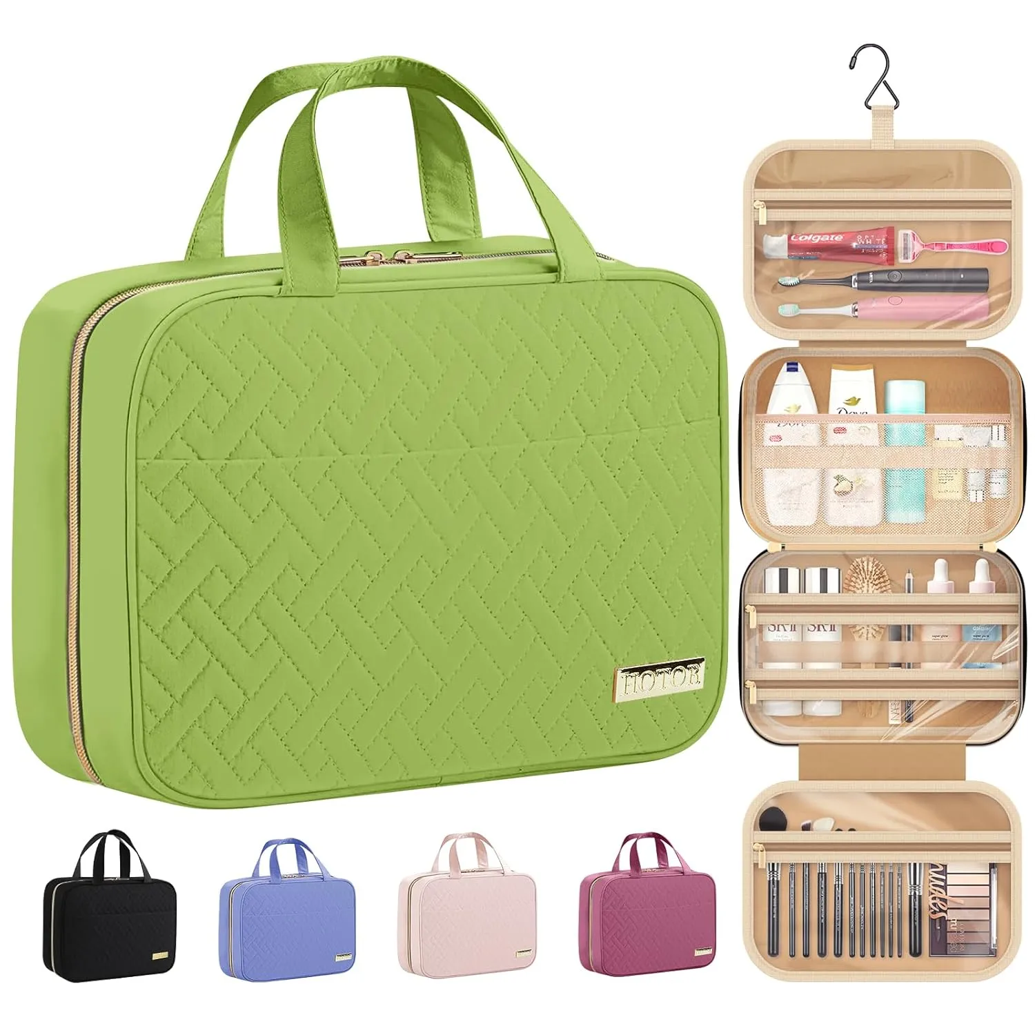 HOTOR Travel Toiletry Bag w/Hanging Hook - Spacious Toiletry Bag for Women & Men, Makeup Bag/Big Comparment, Waterproof for Travel Accessories Essentials, Medium, Avocado Green