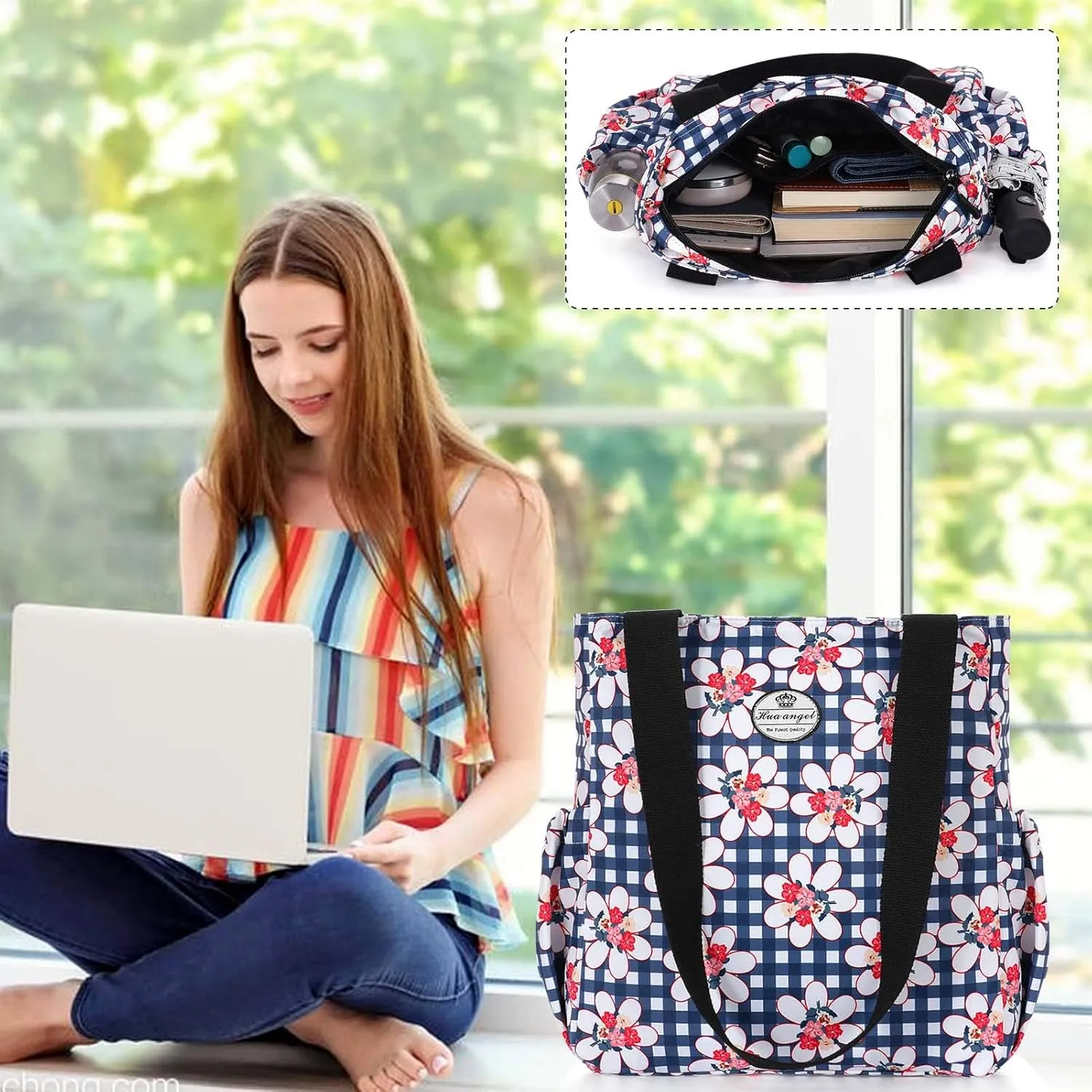 HUA ANGEL Floral Tote Bag - Casual Shoulder Bag Daily Tote Bag with Zipper Gym Travel Shopping Work Handbag for Women