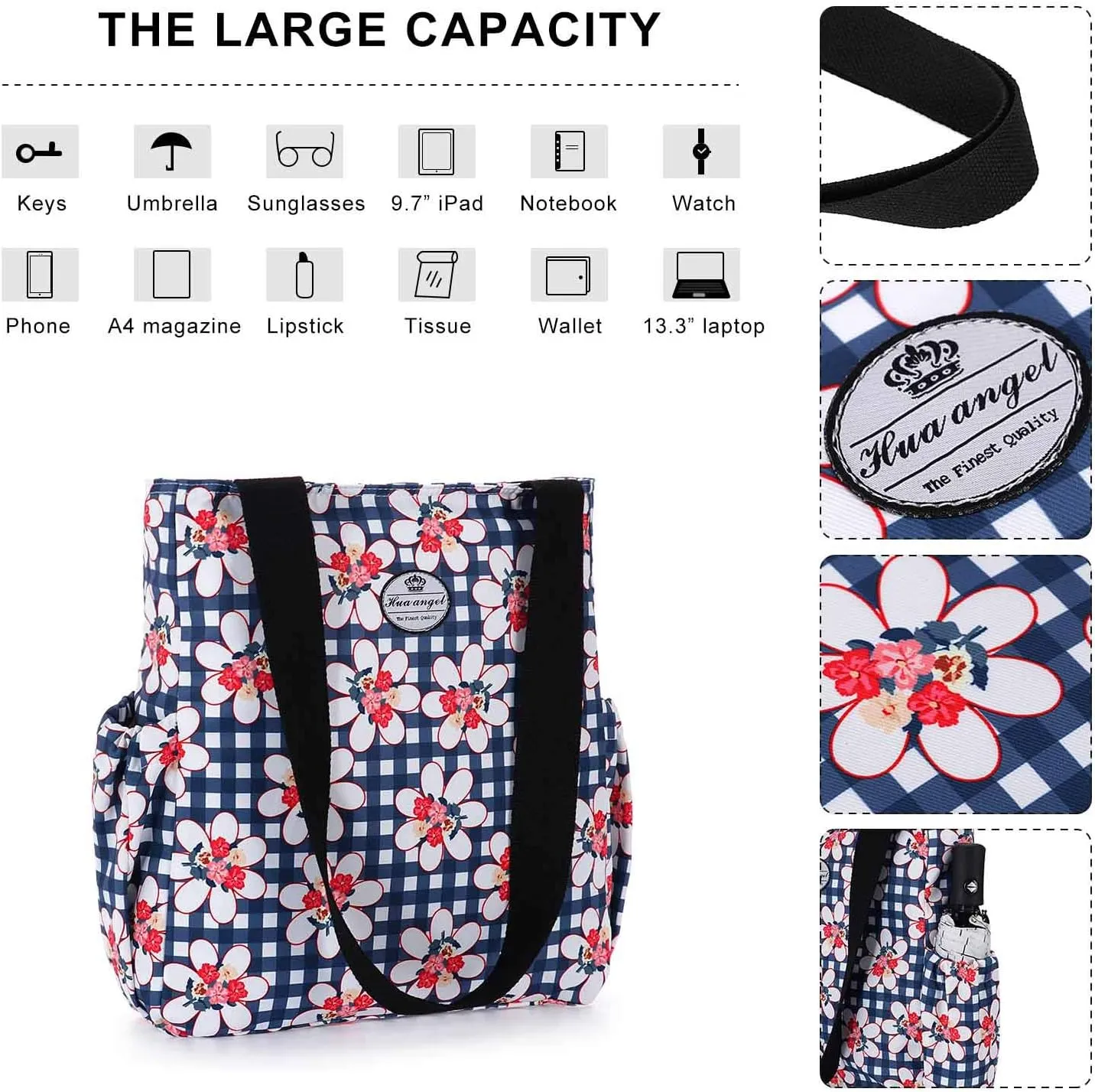 HUA ANGEL Floral Tote Bag - Casual Shoulder Bag Daily Tote Bag with Zipper Gym Travel Shopping Work Handbag for Women