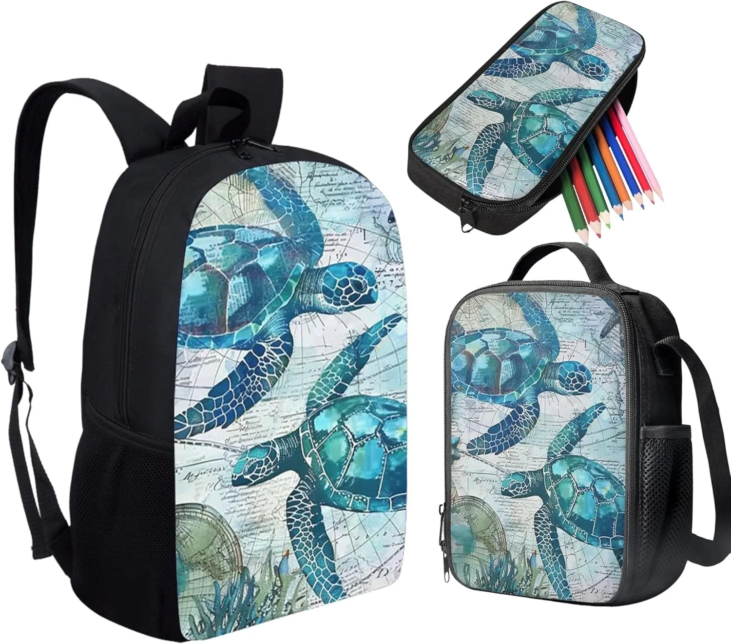HUGS IDEA 3 Pcs School Bag Set with Thermal Insulated Lunch Tote Purse Pencil Case