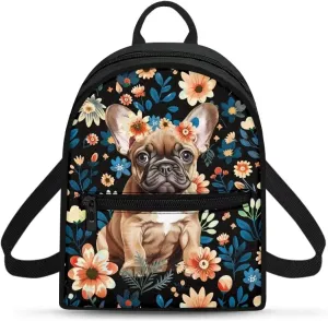 HUGS IDEA Bulldog Backpacks for Women Floral Mini Backpack Purse for Lady Travel Backpack with Adjustable Strap Fashion Travel Shoulder Bag Small Backpack Mini Purse