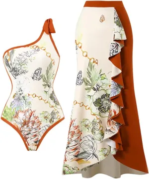 IBTOM CASTLE Women One Piece Swimsuit with Long Cover up Wrap Skirt Two Piece Bathing Suit Retro Monokini Summer Beach Outfit