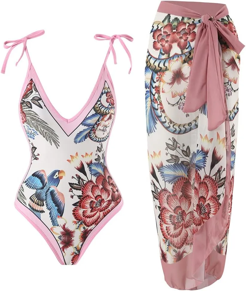 IBTOM CASTLE Women One Piece Swimsuit with Long Cover up Wrap Skirt Two Piece Bathing Suit Retro Monokini Summer Beach Outfit