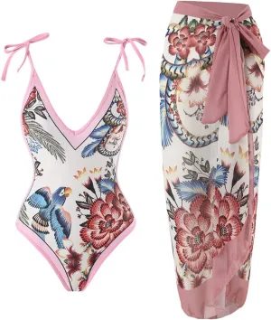 IBTOM CASTLE Women One Piece Swimsuit with Long Cover up Wrap Skirt Two Piece Bathing Suit Retro Monokini Summer Beach Outfit