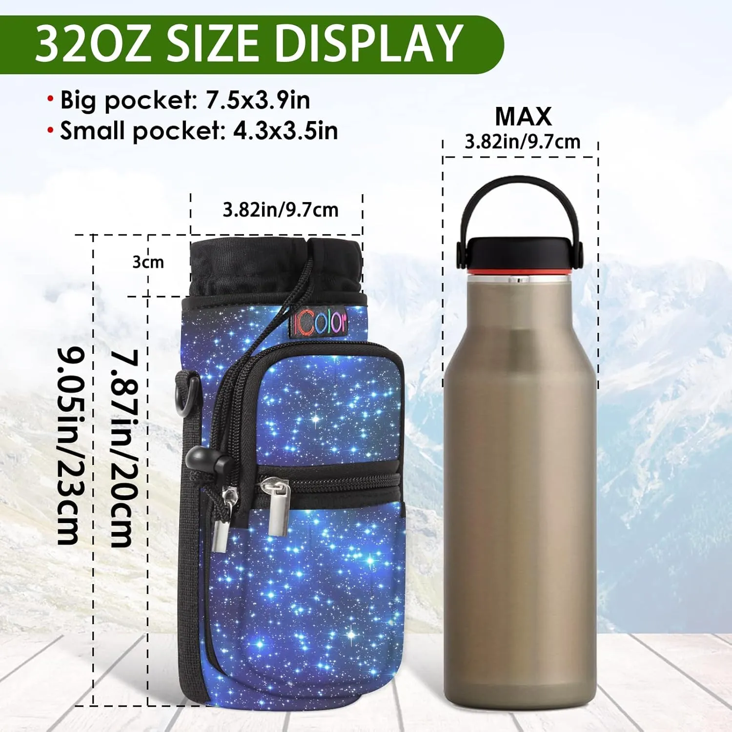 icolor Water Bottle Carrier Bag with Strap 25/32/40/64oz Crossbody Water Bottle Holder with Phone Pocket Sling Sleeve Insulated Neoprene Water Bottle Pouch for Walking Hiking Travelling