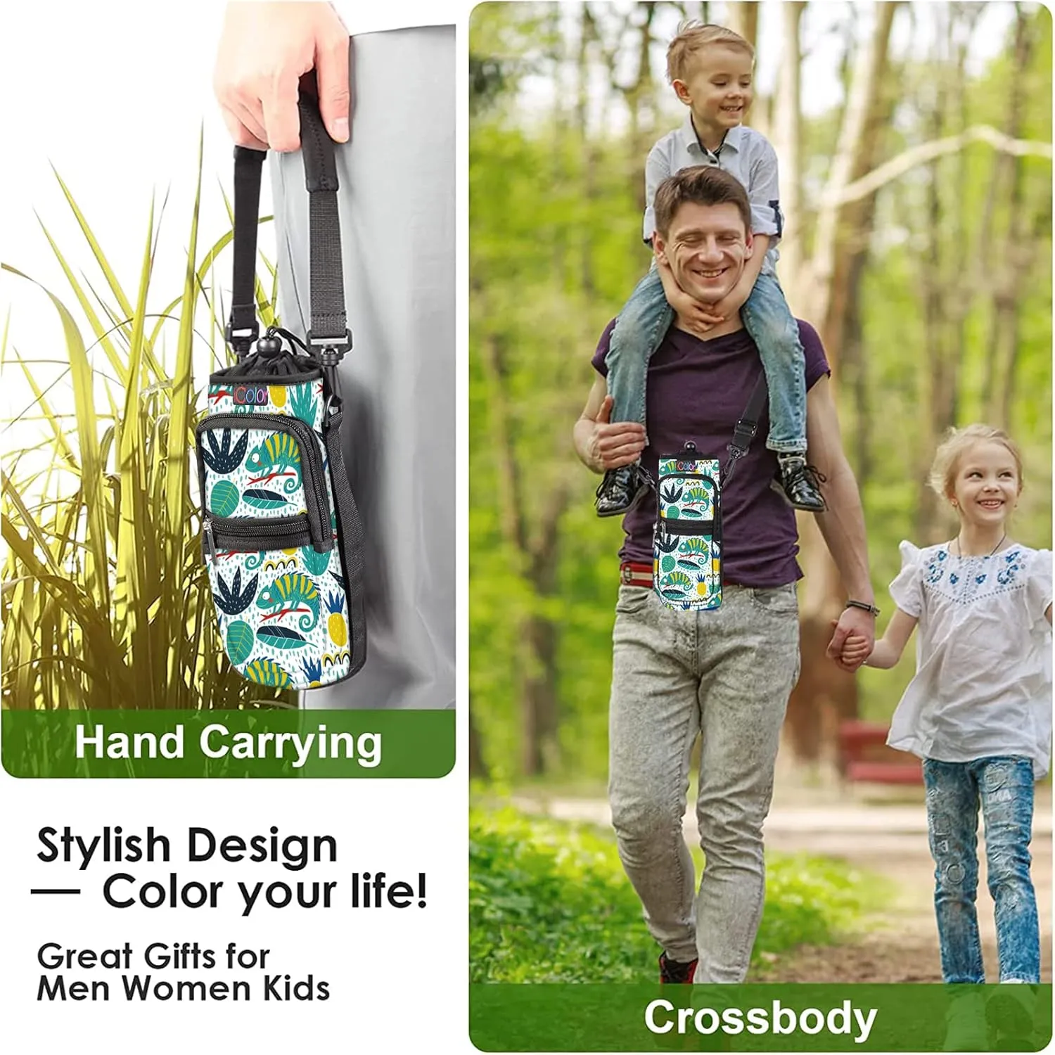 icolor Water Bottle Carrier Bag with Strap 25/32/40/64oz Crossbody Water Bottle Holder with Phone Pocket Sling Sleeve Insulated Neoprene Water Bottle Pouch for Walking Hiking Travelling