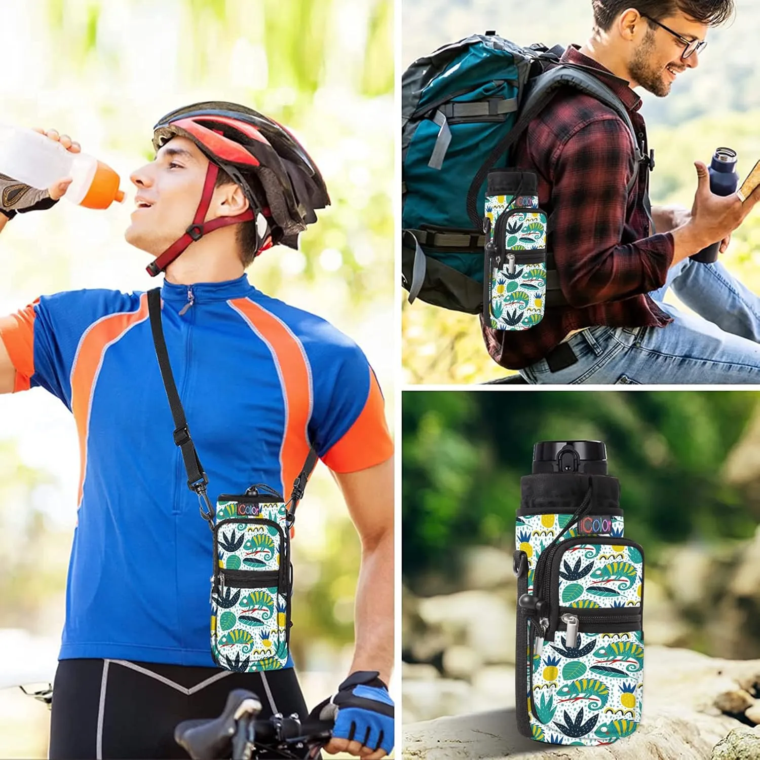 icolor Water Bottle Carrier Bag with Strap 25/32/40/64oz Crossbody Water Bottle Holder with Phone Pocket Sling Sleeve Insulated Neoprene Water Bottle Pouch for Walking Hiking Travelling