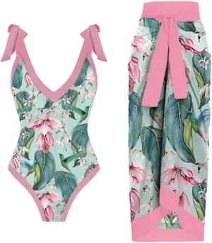 IDOPIP Women's One Piece Swimsuit with Beach Cover up Wrap Skirt Sarong Retro Floral Print Bikini Set Two Piece Bathing Suit