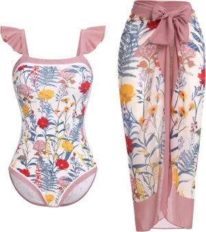 IDOPIP Women's One Piece Swimsuit with Beach Cover up Wrap Skirt Sarong Retro Floral Print Bikini Set Two Piece Bathing Suit