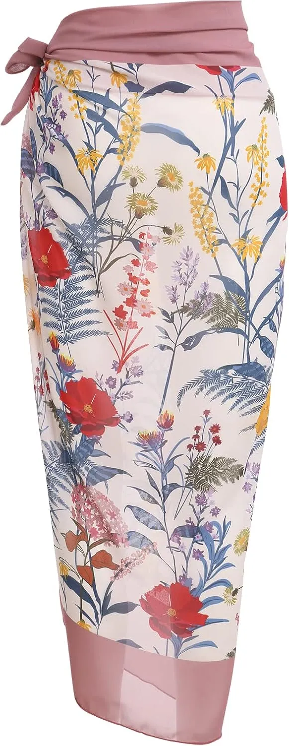 IDOPIP Women's One Piece Swimsuit with Beach Cover up Wrap Skirt Sarong Retro Floral Print Bikini Set Two Piece Bathing Suit